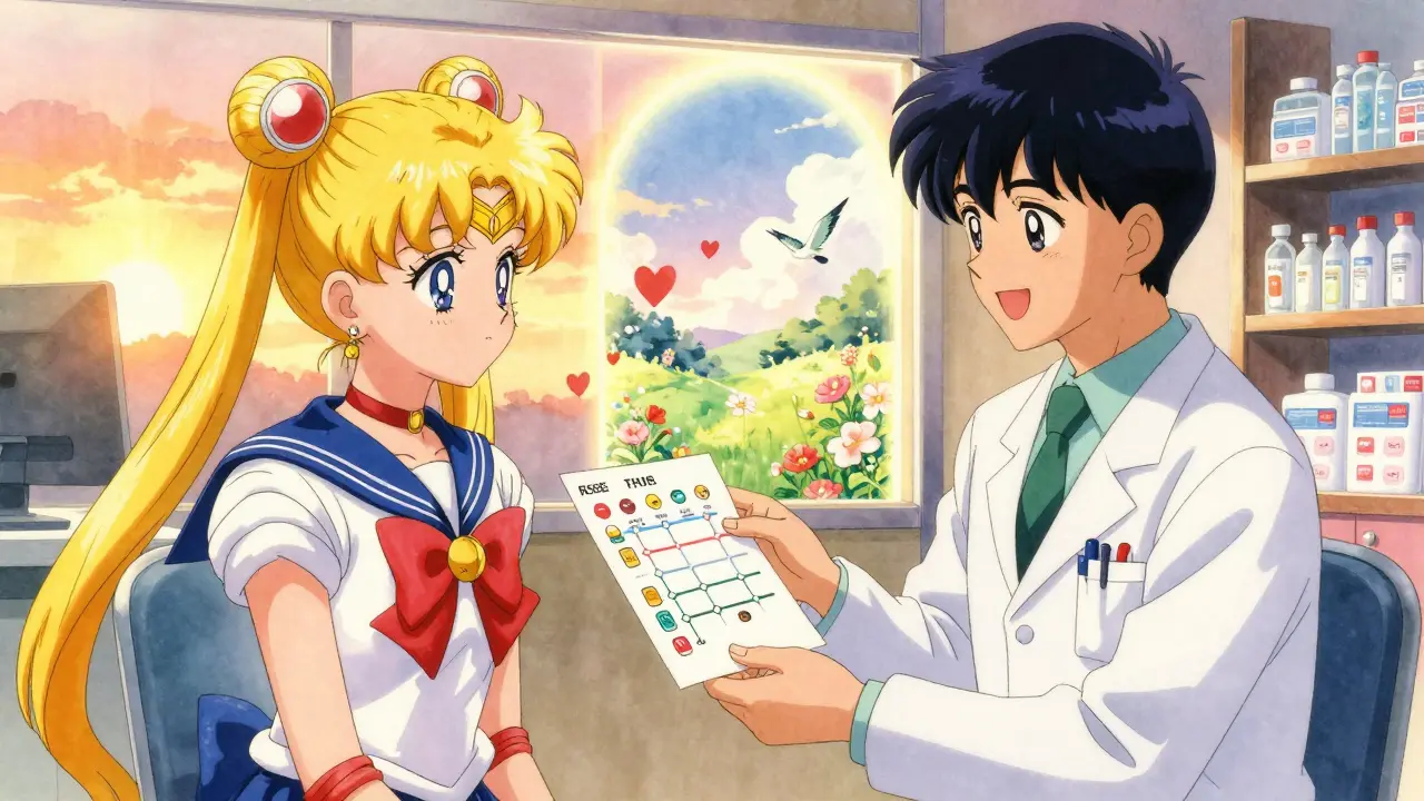 A doctor hands a patient a medication timeline as a peaceful portal opens behind them, symbolizing safe anticoagulation without injections.