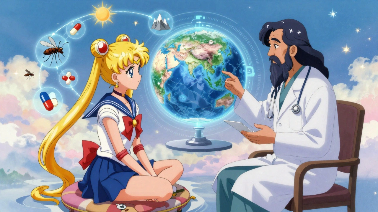 A doctor uses a holographic globe to explain travel health risks to a traveler surrounded by floating medical icons.