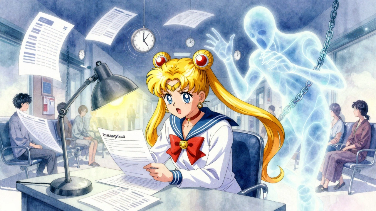 A doctor writes an exception letter surrounded by floating medical records and spinning clocks, a ghostly pain figure reaching out.