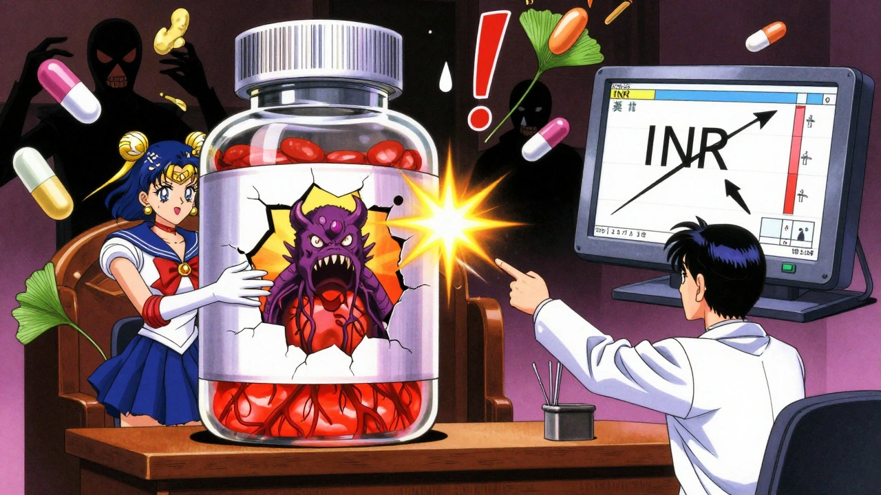 A giant garlic supplement bottle with a monster inside, looming over a courtroom while an INR monitor shows false normal readings.