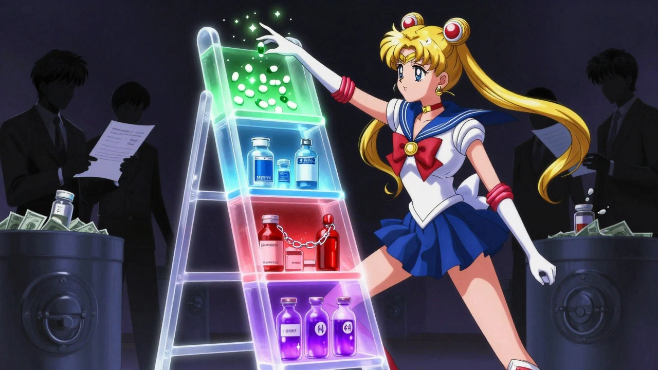 A glowing four-tiered drug ladder with a heroine reaching for the cheapest generic option.