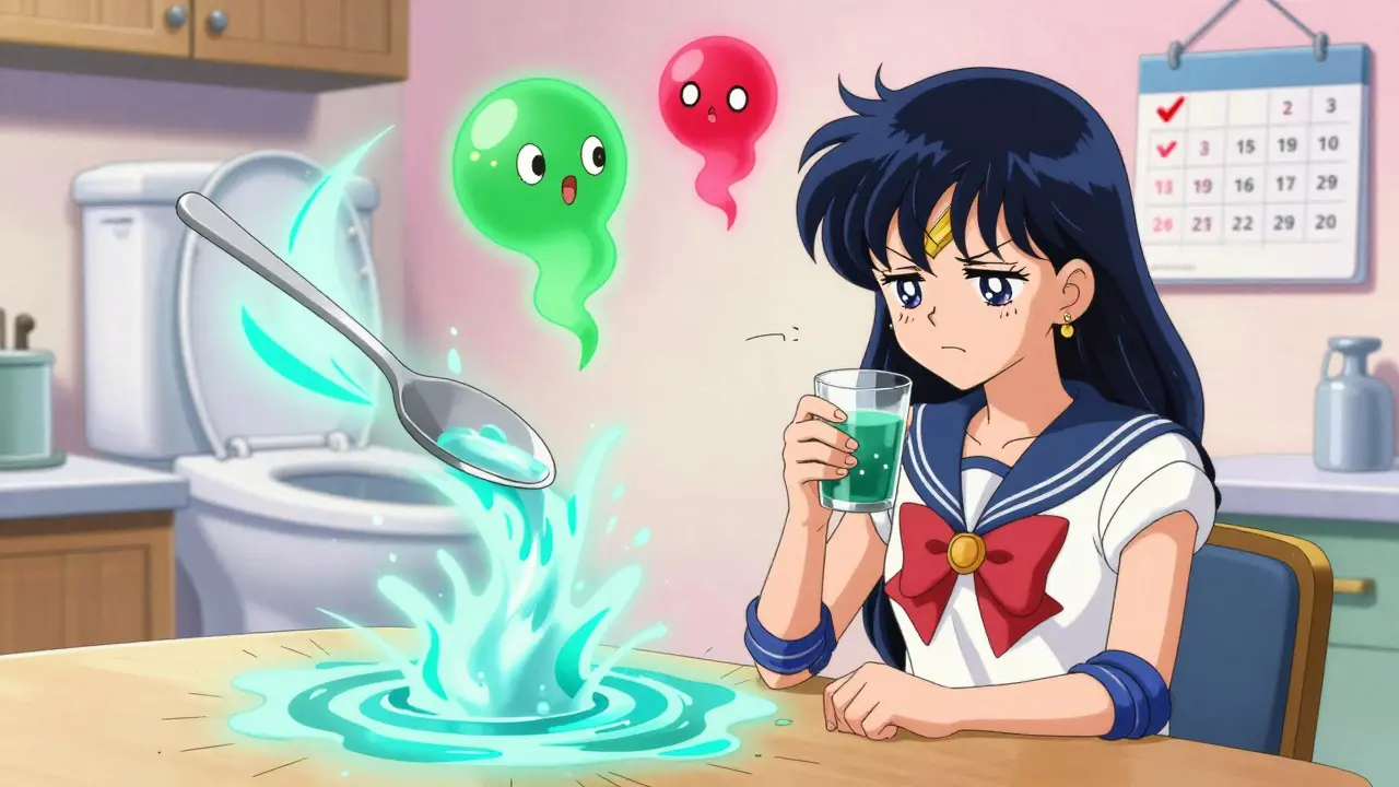 A patient drinks lactulose as cartoonish ammonia sprites vanish into a toilet vortex, with daily checkmarks on a calendar.