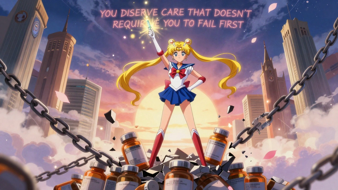 A patient stands atop broken generic pills, holding a glowing injection as laws rise like armor behind them.