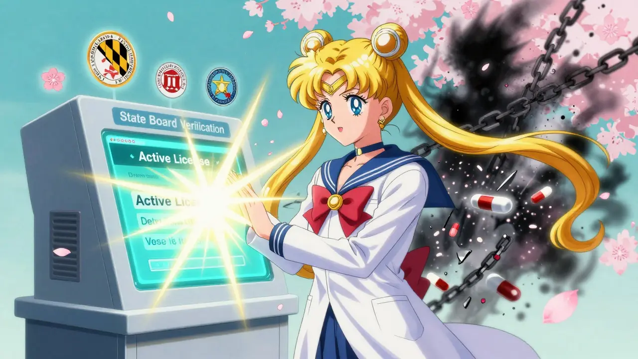 A pharmacist stands before a glowing verification screen with 'Active License' confirmed, destroying shadowy pills.