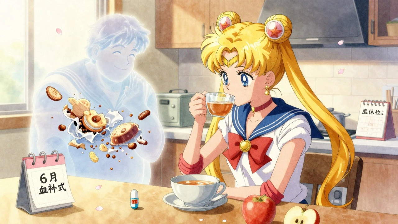 A post-surgery patient in a warm kitchen, letting go of their past self with healing symbols around them.