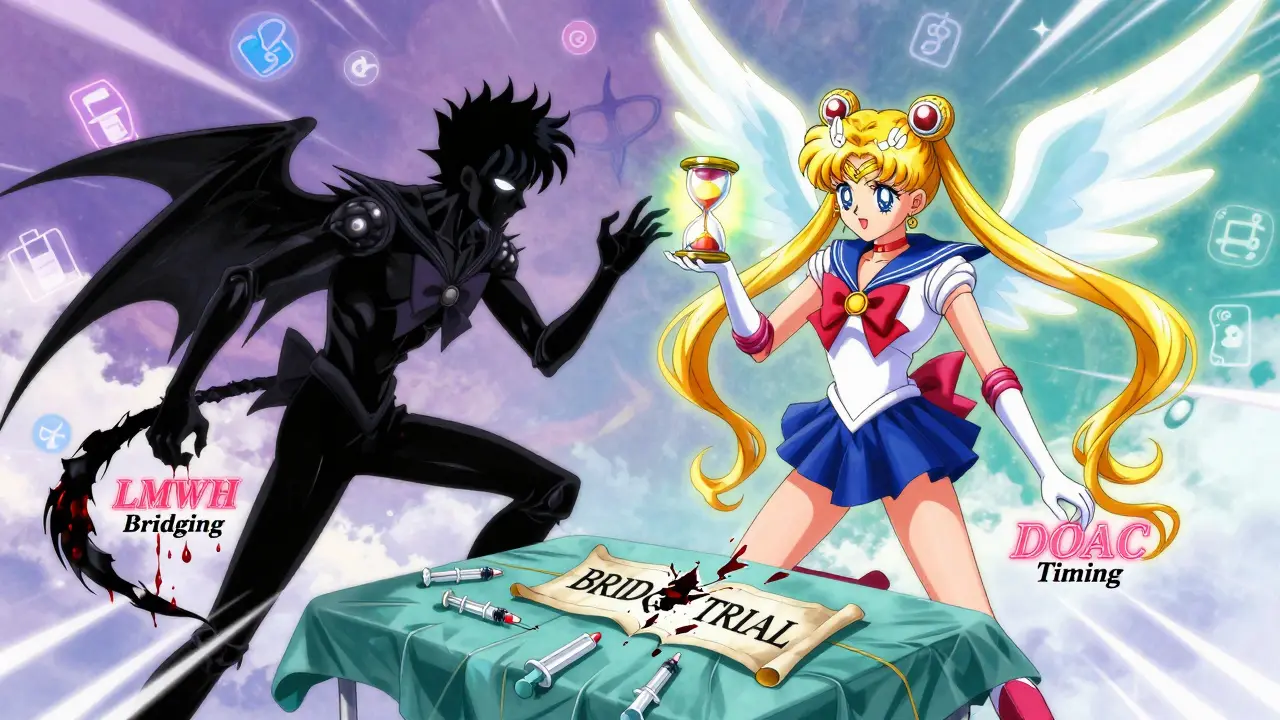 A radiant DOAC guardian battles a bloody LMWH monster on a surgical table, with medical icons floating in a celestial sky.