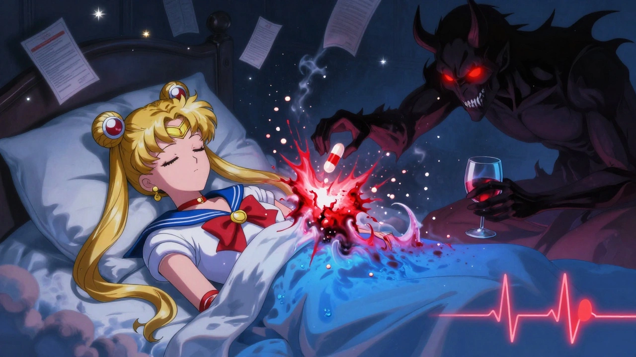 A sleeping patient as a shadowy alcohol demon breaks open an opioid pill, causing a dangerous drug surge through their body.