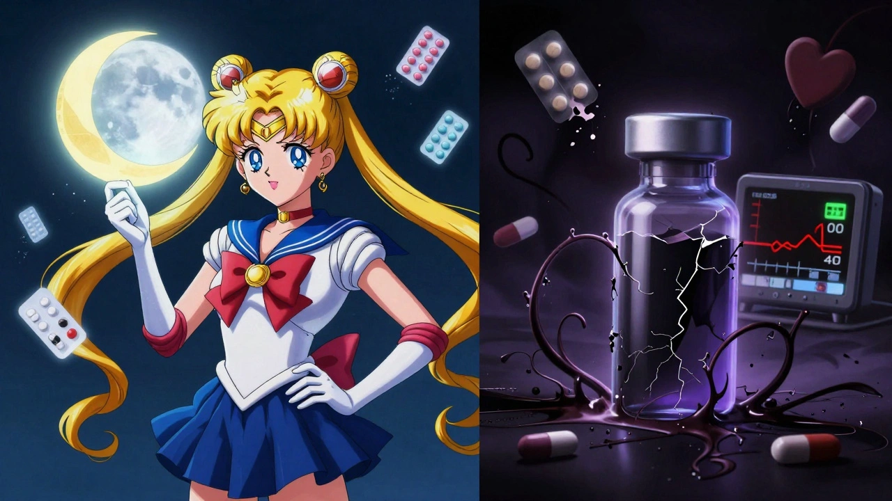 A split scene: a glowing insulin vial on one side, a dark, corrupted version on the other, with crumbling pills and a flatlining monitor.