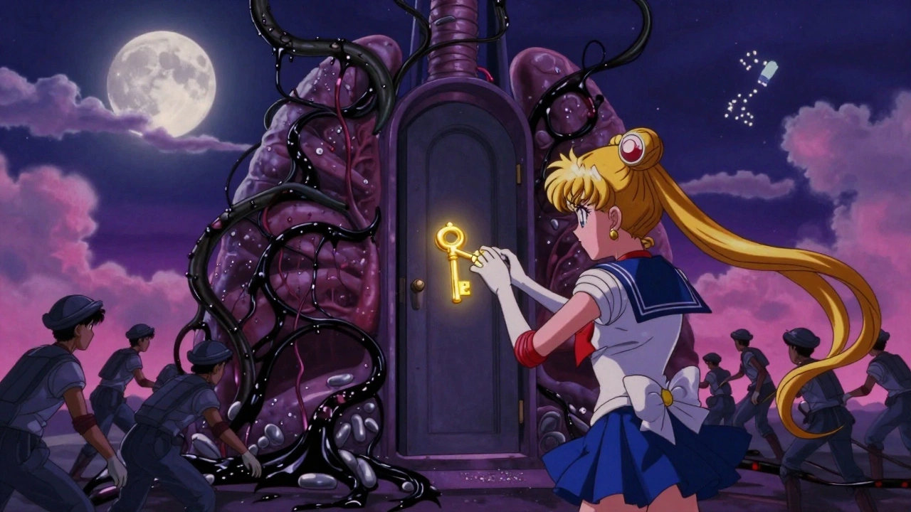 A surreal airway battlefield where a pill-shaped key locks inflammation away under moonlit skies.