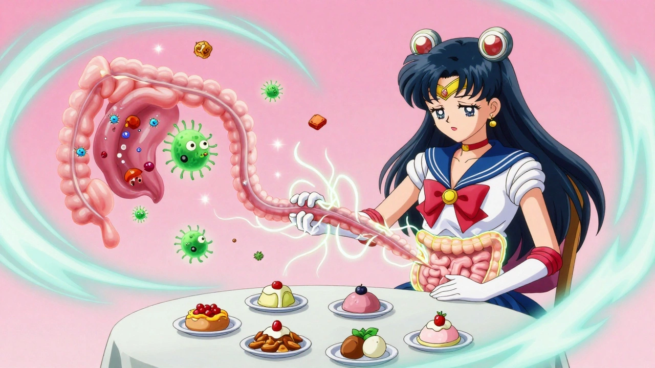 A translucent stomach with struggling nerves and glowing bacteria, surrounded by small meals and dietary hope.