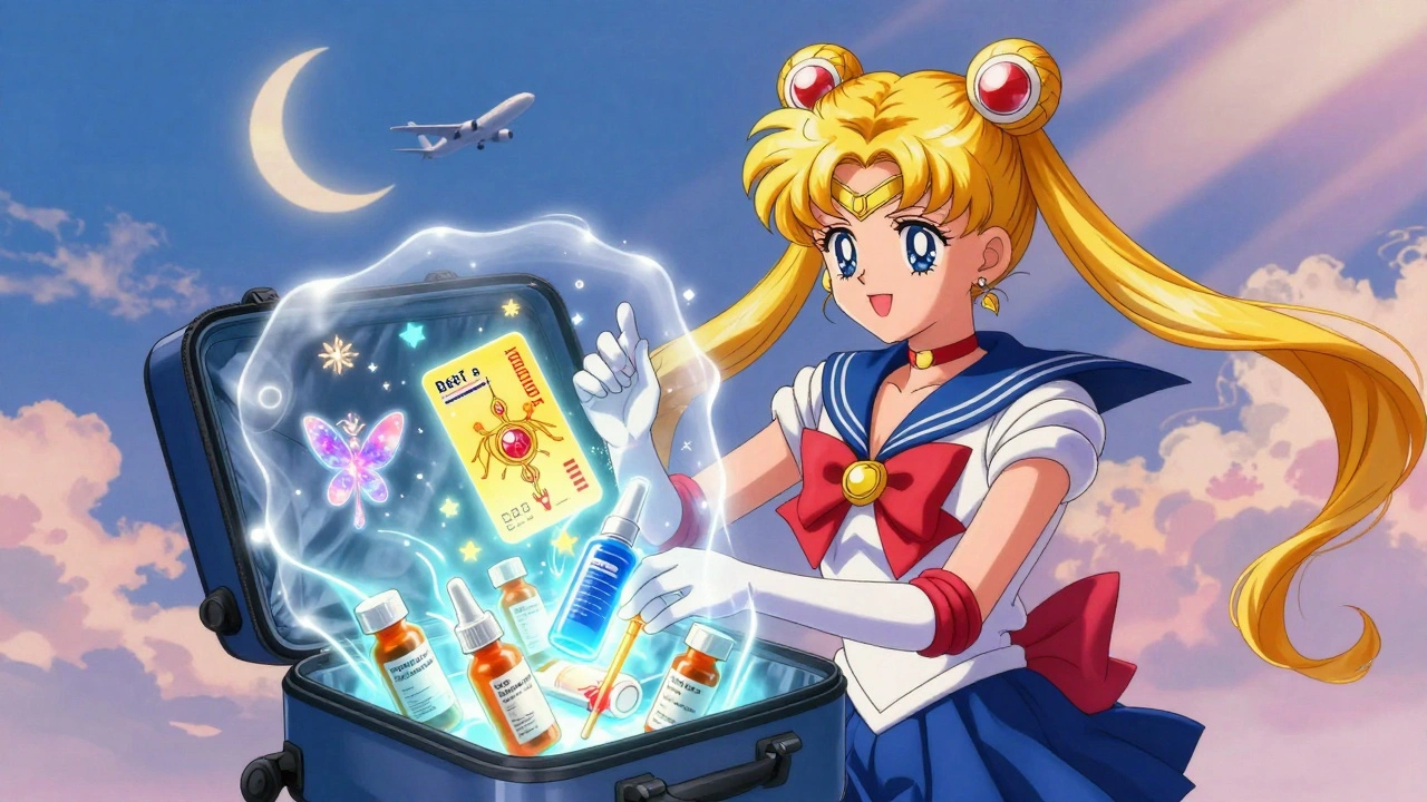 A traveler packs emergency meds and a vaccination card that glows like a magical talisman, protected by shimmering mist.