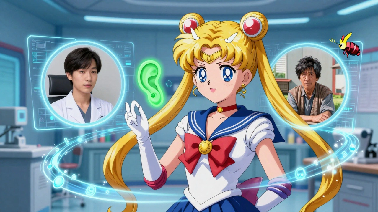 A virtual audiologist consultation between a clinician and patient, connected by shimmering data ribbons and floating hearing aid icons.