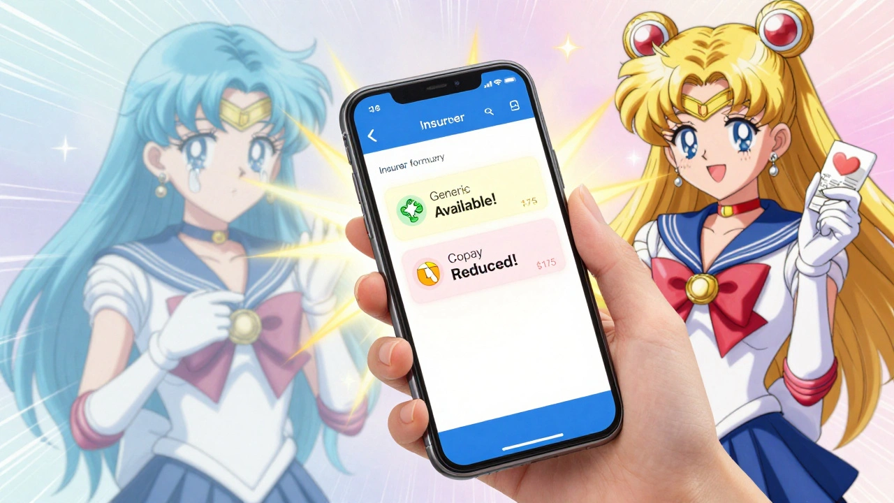 A woman checking her formulary app as radiant notifications appear, replacing a past financial burden.