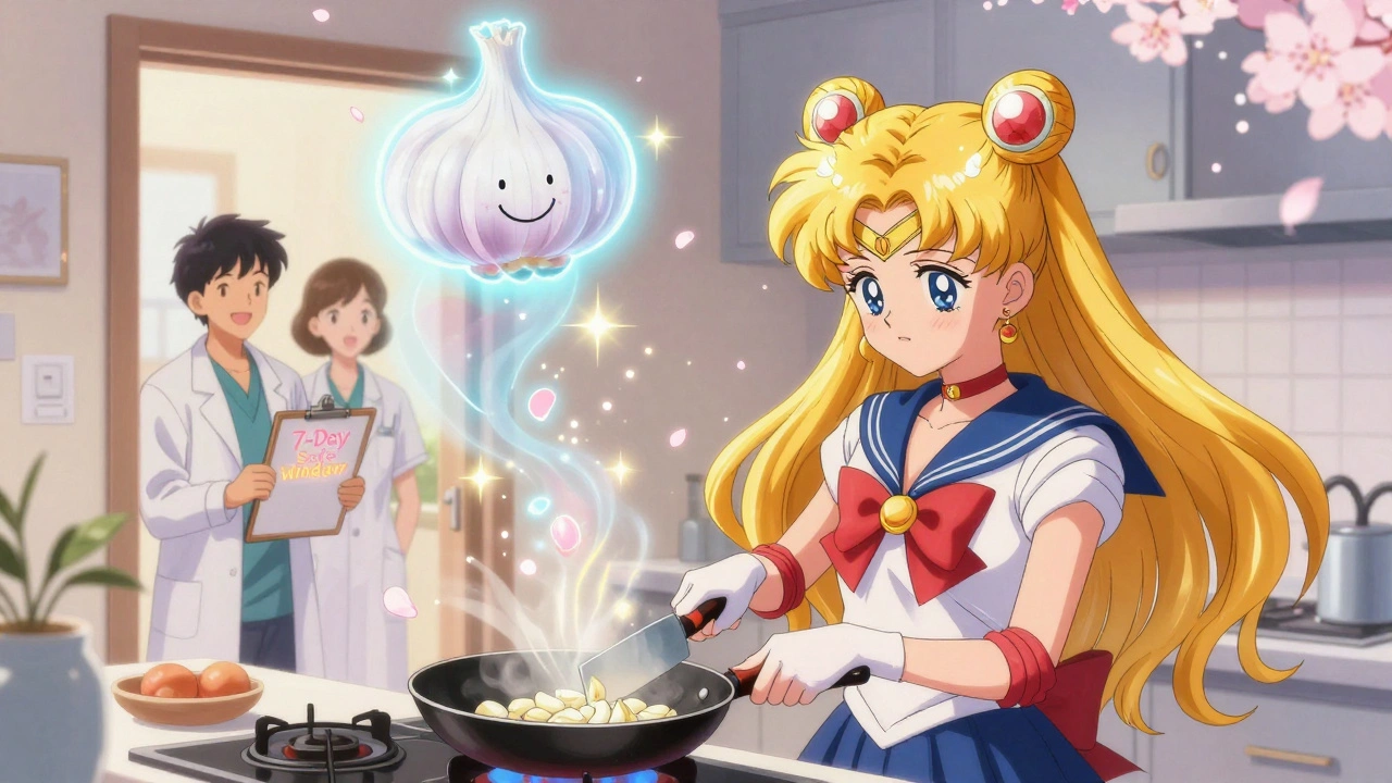 A woman cooking fresh garlic in a kitchen, a ghostly supplement pill fading away as warm light and heart aura glow peacefully.