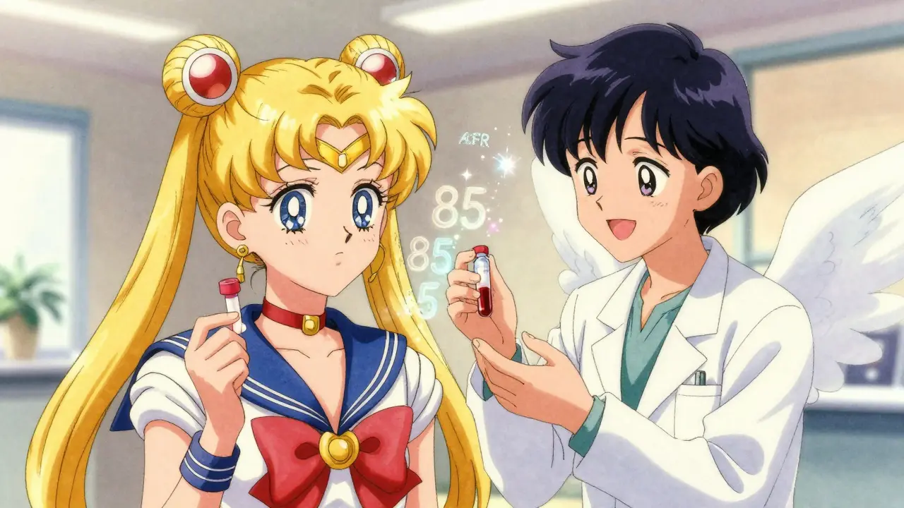 A woman in a clinic with floating kidney test results glowing softly around her.