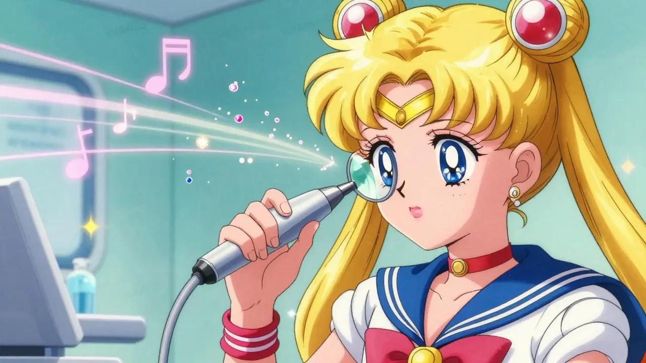 An audiologist using a glowing microsuction device to remove earwax like glittering gems.