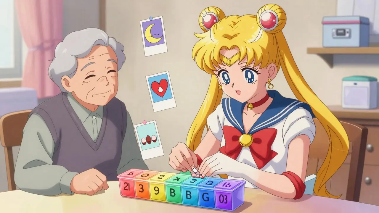 Caregiver using a color-coded pill organizer with visual aids, senior smiling beside them.