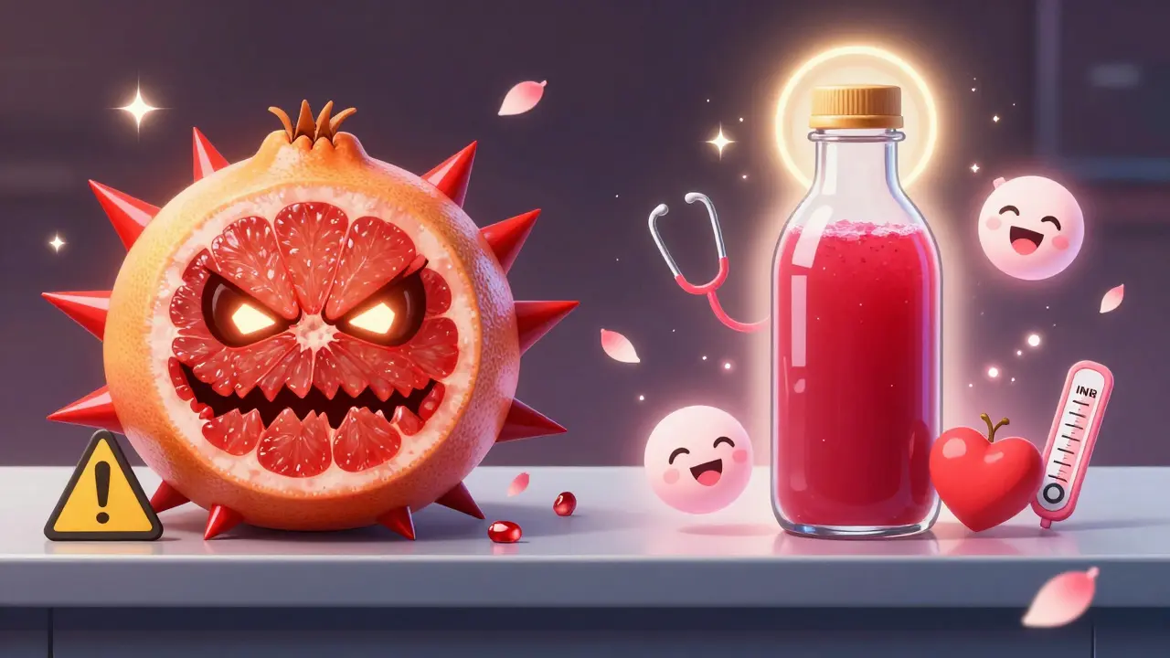 Contrasting grapefruit with dangerous spikes and safe pomegranate juice, surrounded by medical icons in magical girl anime style.