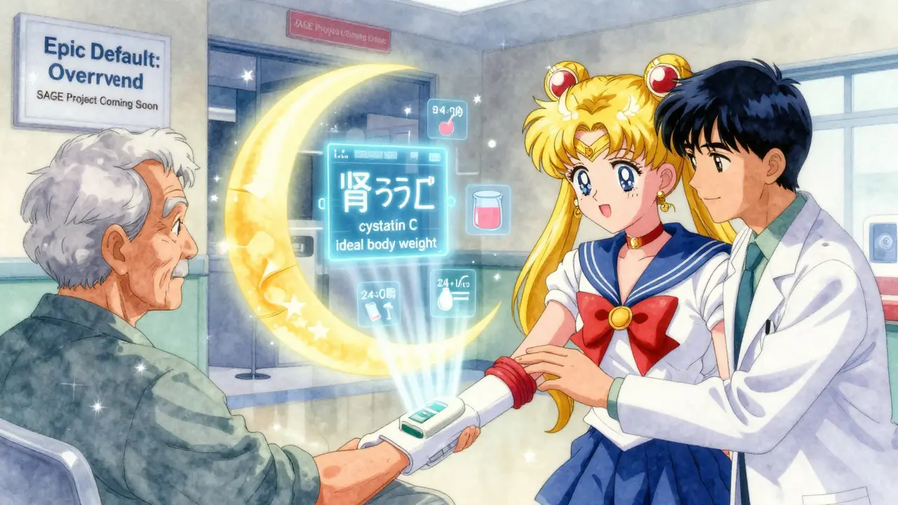 Crescent moon device measuring kidney function with floating medical icons above an elderly patient.