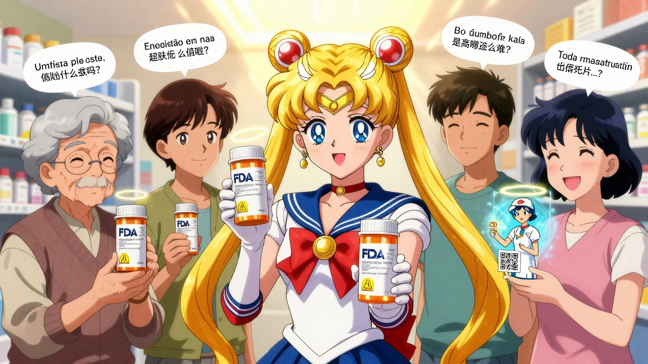 Diverse patients holding clearly labeled pills under a golden sunbeam with glowing multilingual text.