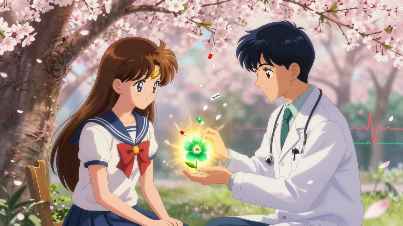 Doctor and patient under cherry tree replacing dangerous pill with healing flower