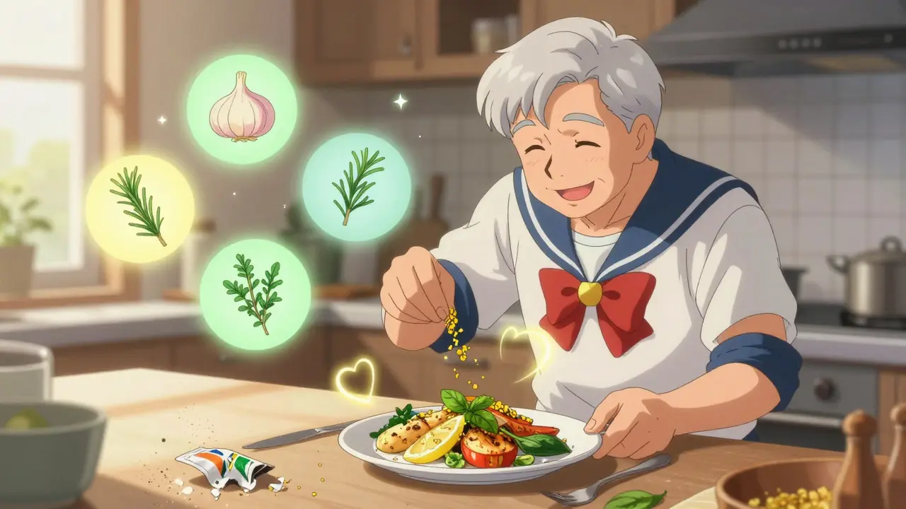 Elderly man seasoning food with herbs instead of salt substitute, glowing with safety.