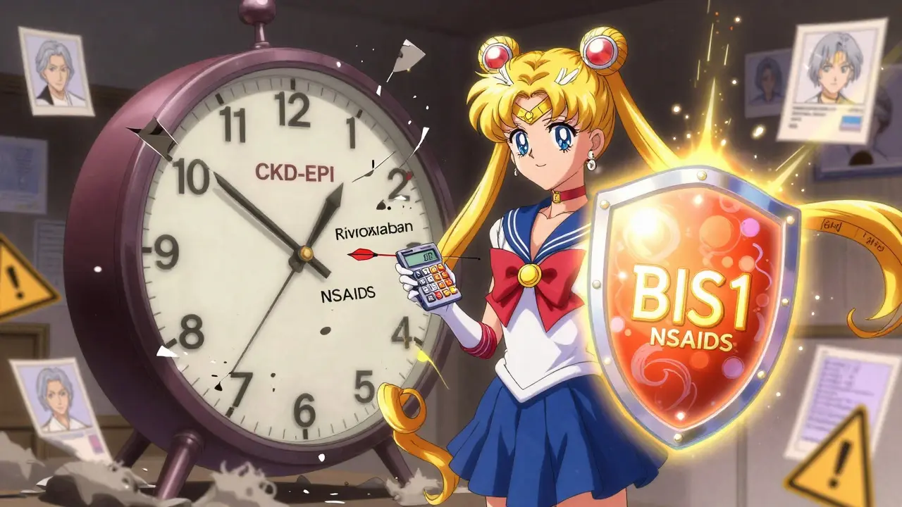 Frail senior protected by a glowing BIS1 kidney shield from dangerous drug arrows.