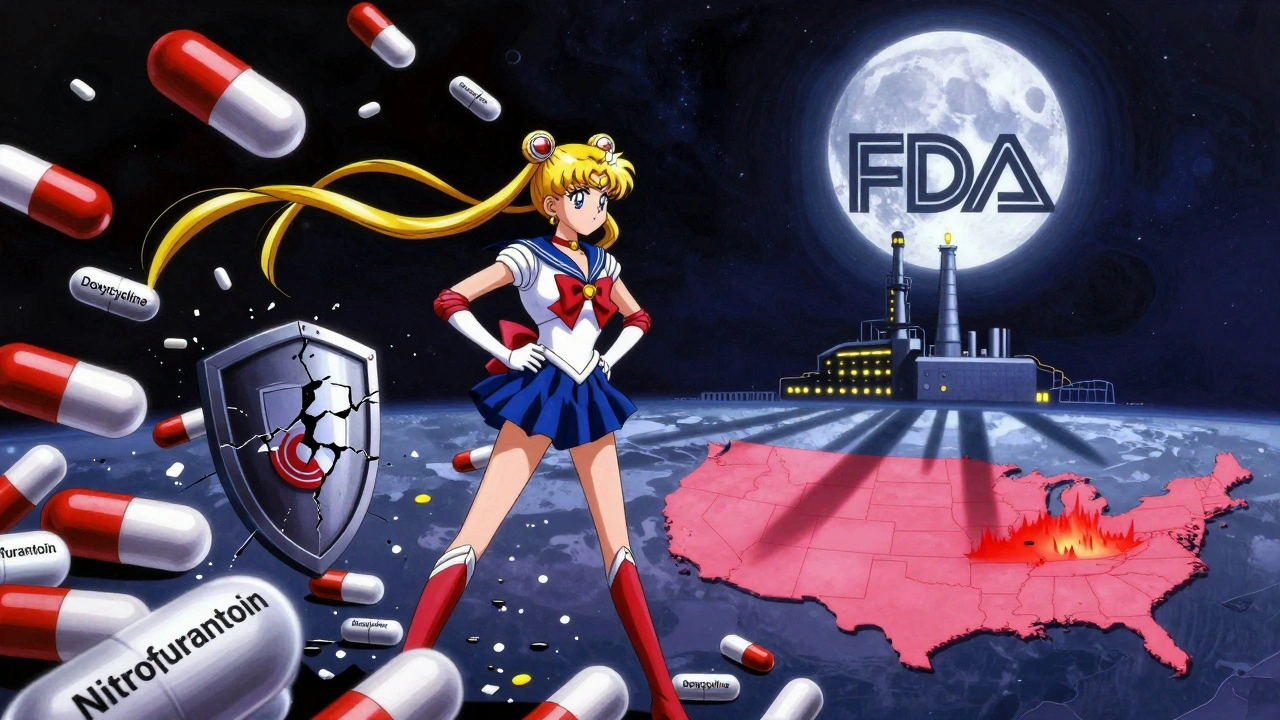 Generic drug capsules battle in space, one manufacturer's shield cracking as a distant factory dims under a glowing FDA moon.