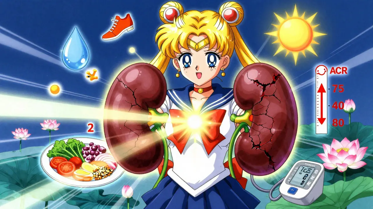 Healing kidneys transformed by healthy food and lifestyle symbols in anime style.