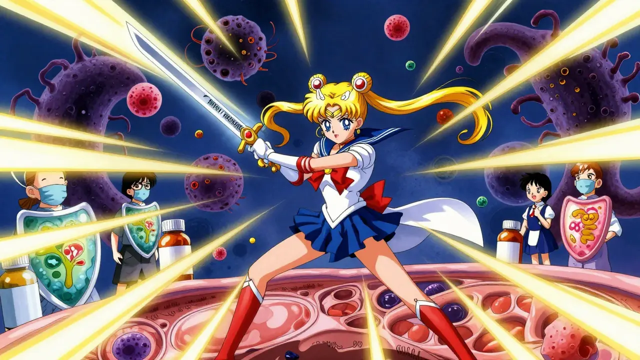 Hero in lab coat battles superbug monsters inside a human body, symbolizing finishing antibiotic treatment.