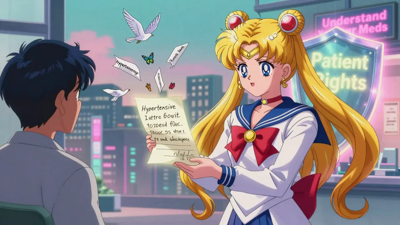 Heroic pharmacist handing clear written instructions, confusing terms turning into butterflies, patient rights shield glowing.