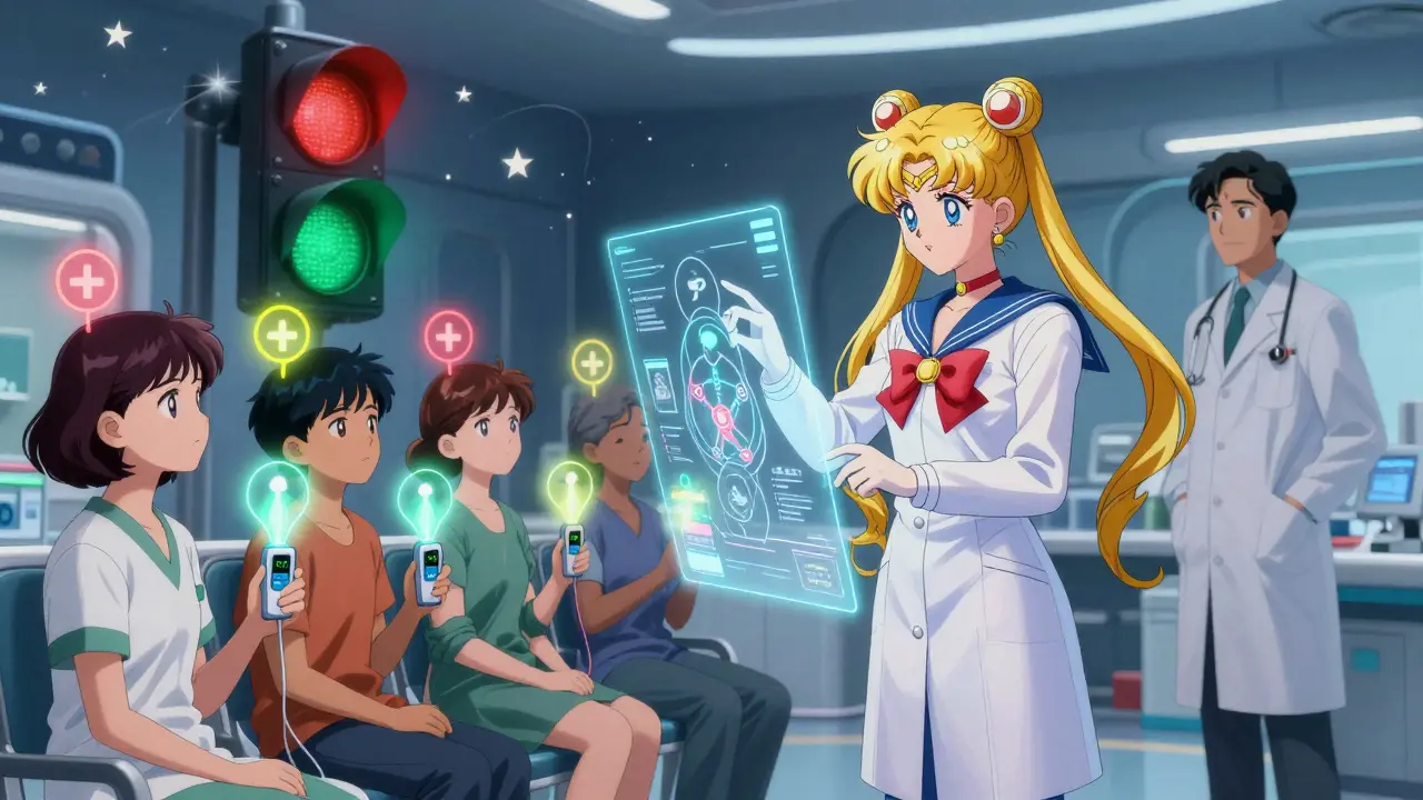 Medical mentor guiding patients through holographic asthma zones with color-coded energy fields.