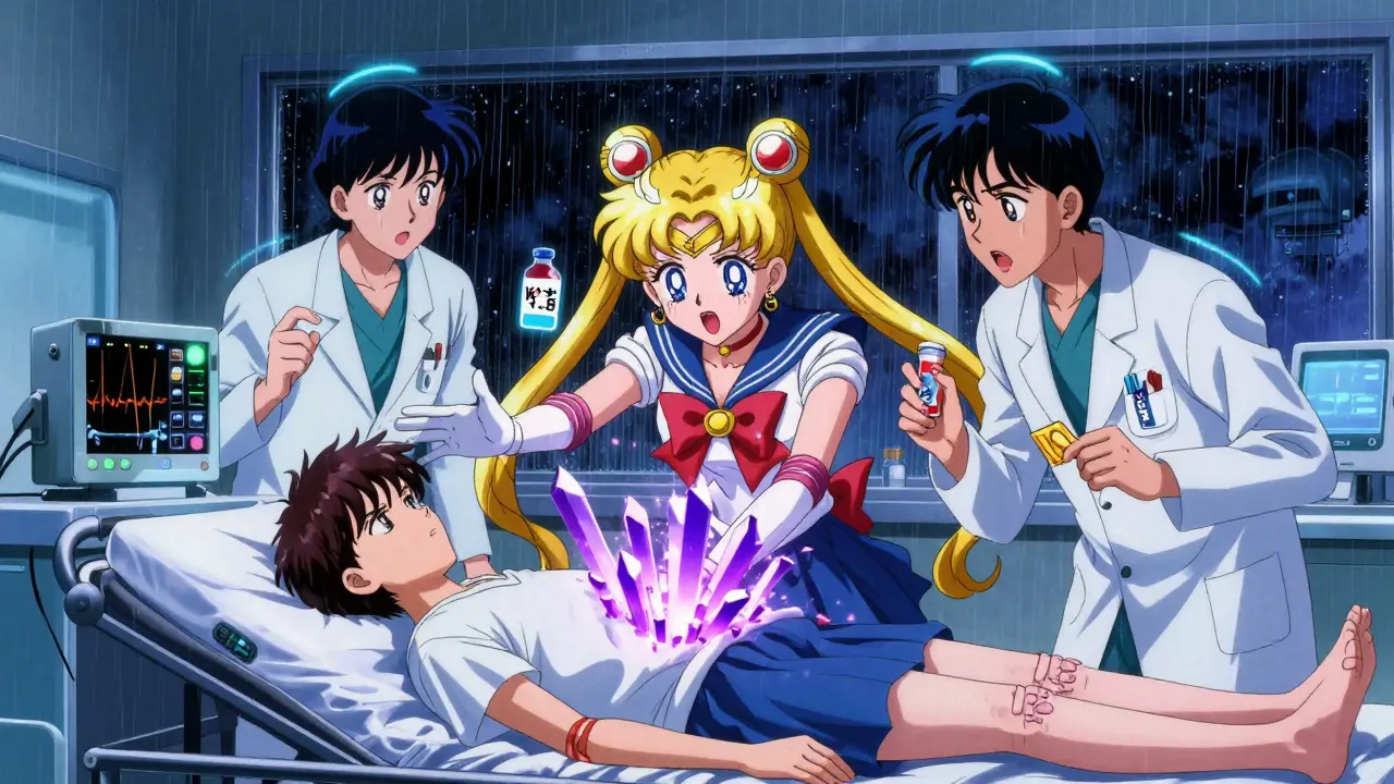 Patient in ER with heart monitor flatlining as potassium crystals erupt from chest.