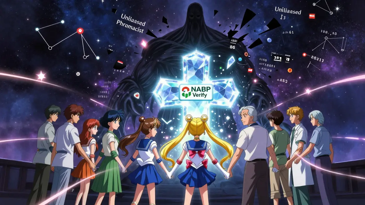 Patients form a protective circle as a pharmacy cross shield glows, defeating a faceless unlicensed figure.