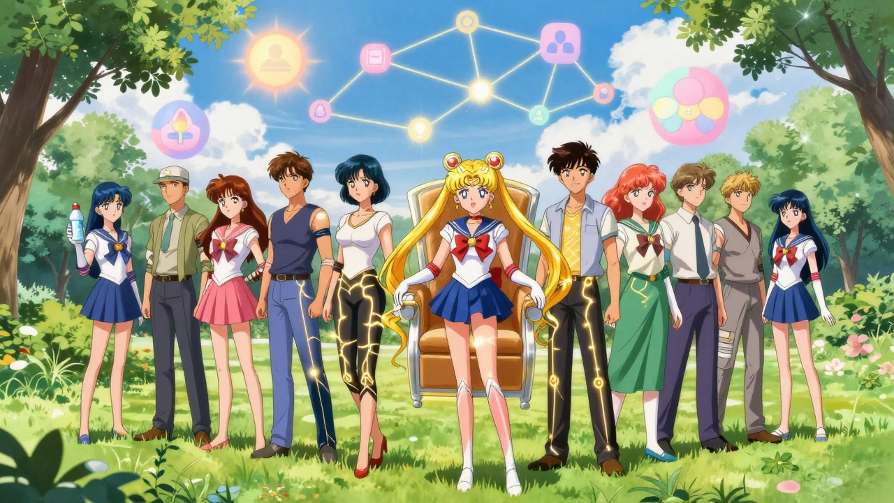 Patients in compression garments standing together, glowing nerve networks connecting above them in a sunlit park.