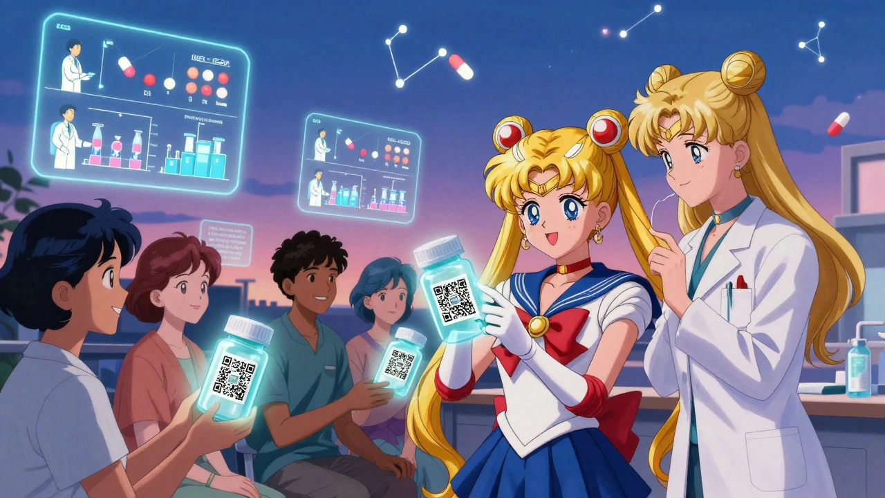 Patients scan pill QR codes to see animated manufacturing stories, guided by a radiant pharmacist.