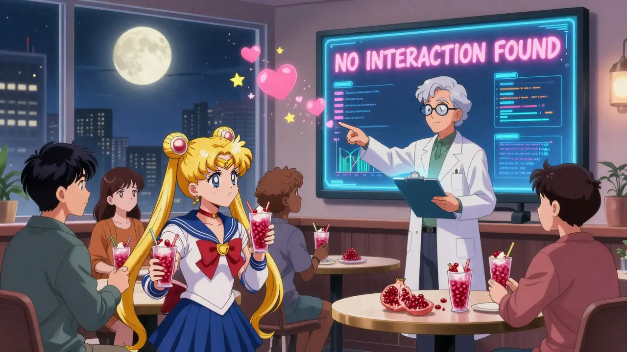 People drinking pomegranate smoothies as a pharmacist displays 'NO INTERACTION FOUND' on a screen under a glowing moon.