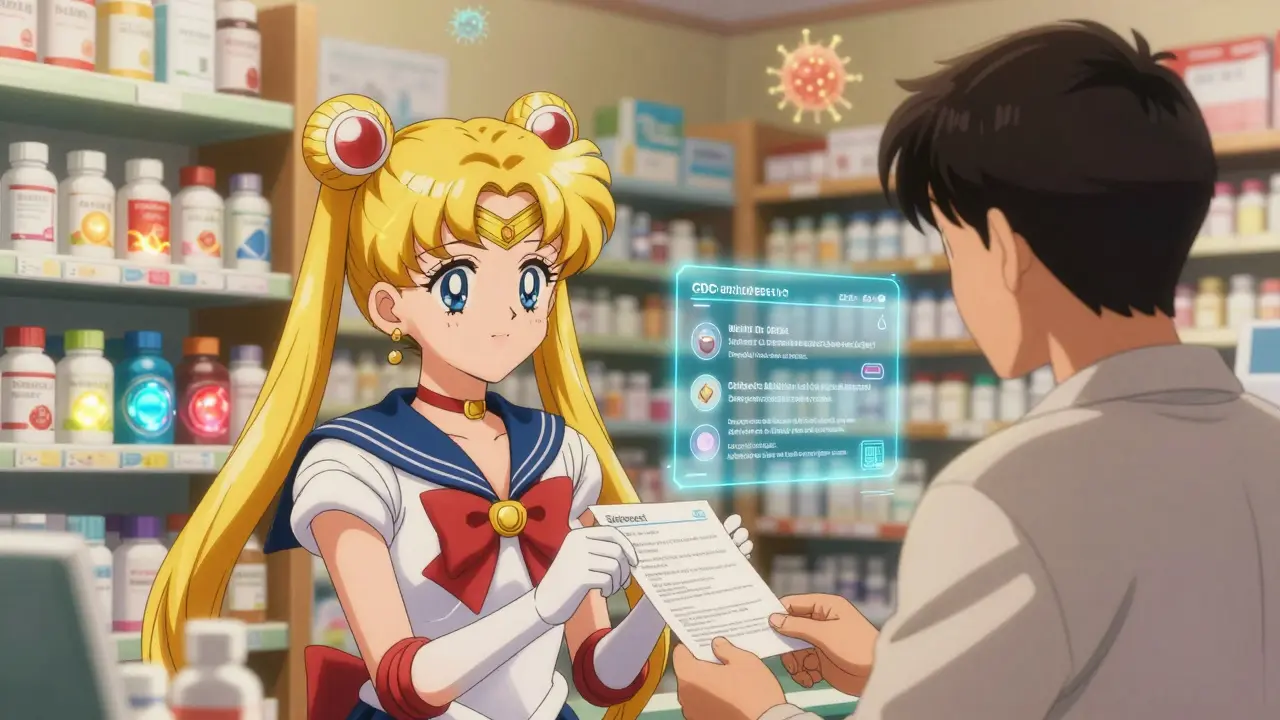 Pharmacist giving a side effect guide to a patient, glowing antibiotics and holographic advice in background.