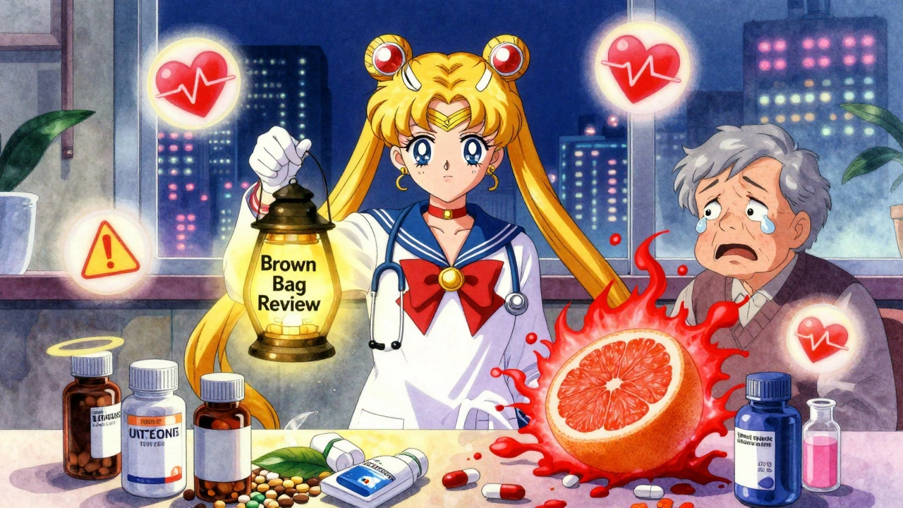 Pharmacist holding a lantern over pill bottles with warning symbols glowing