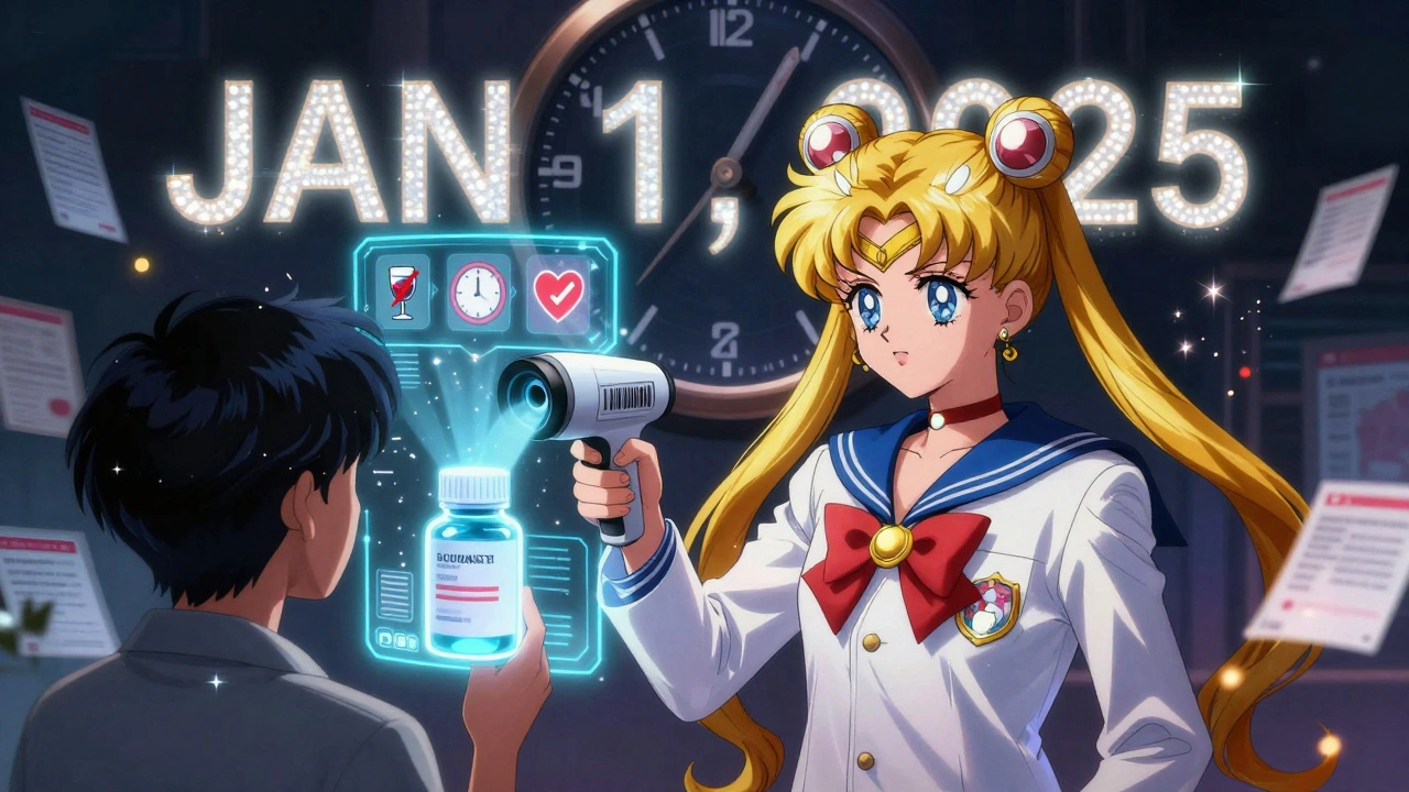 Pharmacist scanning a bottle that projects safety icons, with a glowing 2025 deadline in the background.