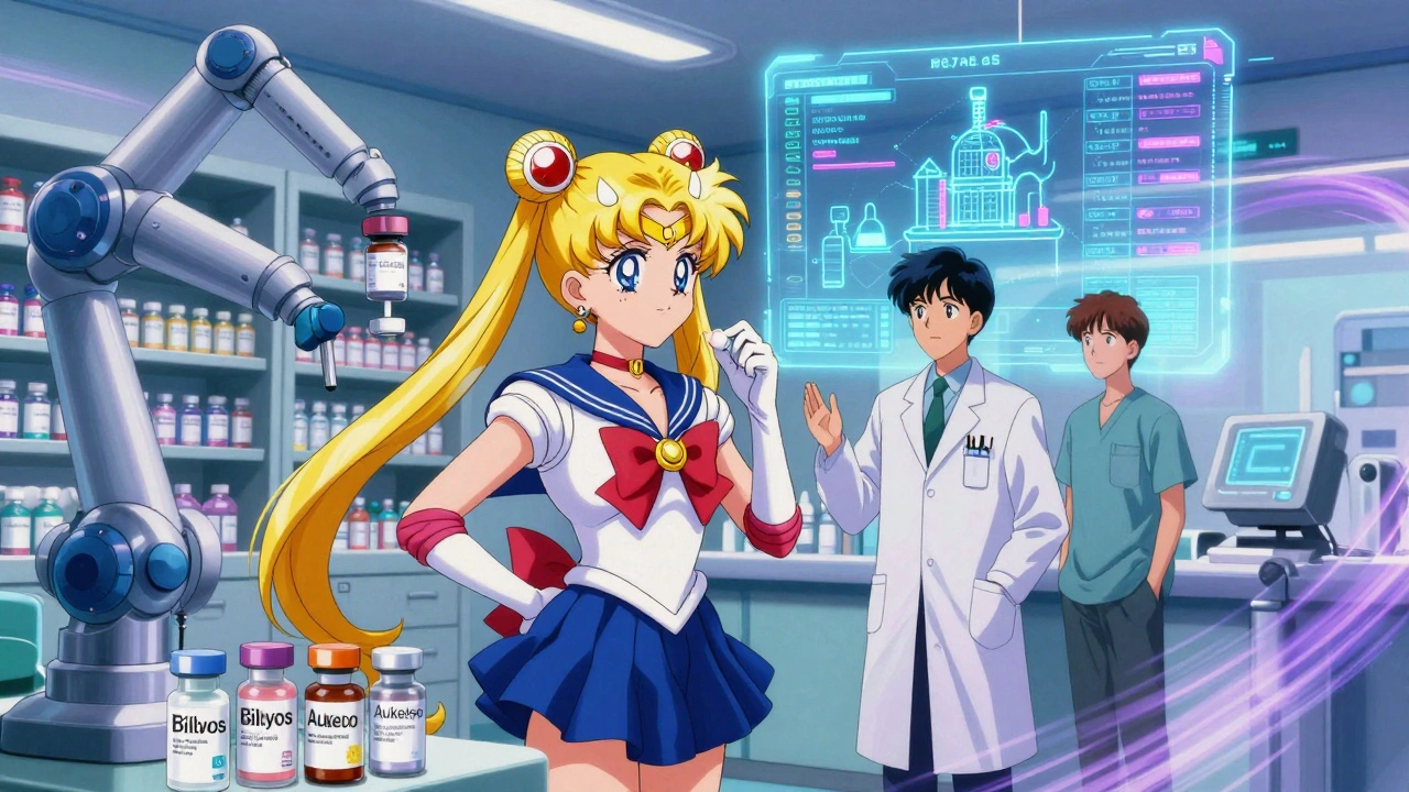 Robotic arms dispense biosimilars in a futuristic pharmacy under a glowing blockchain hologram.