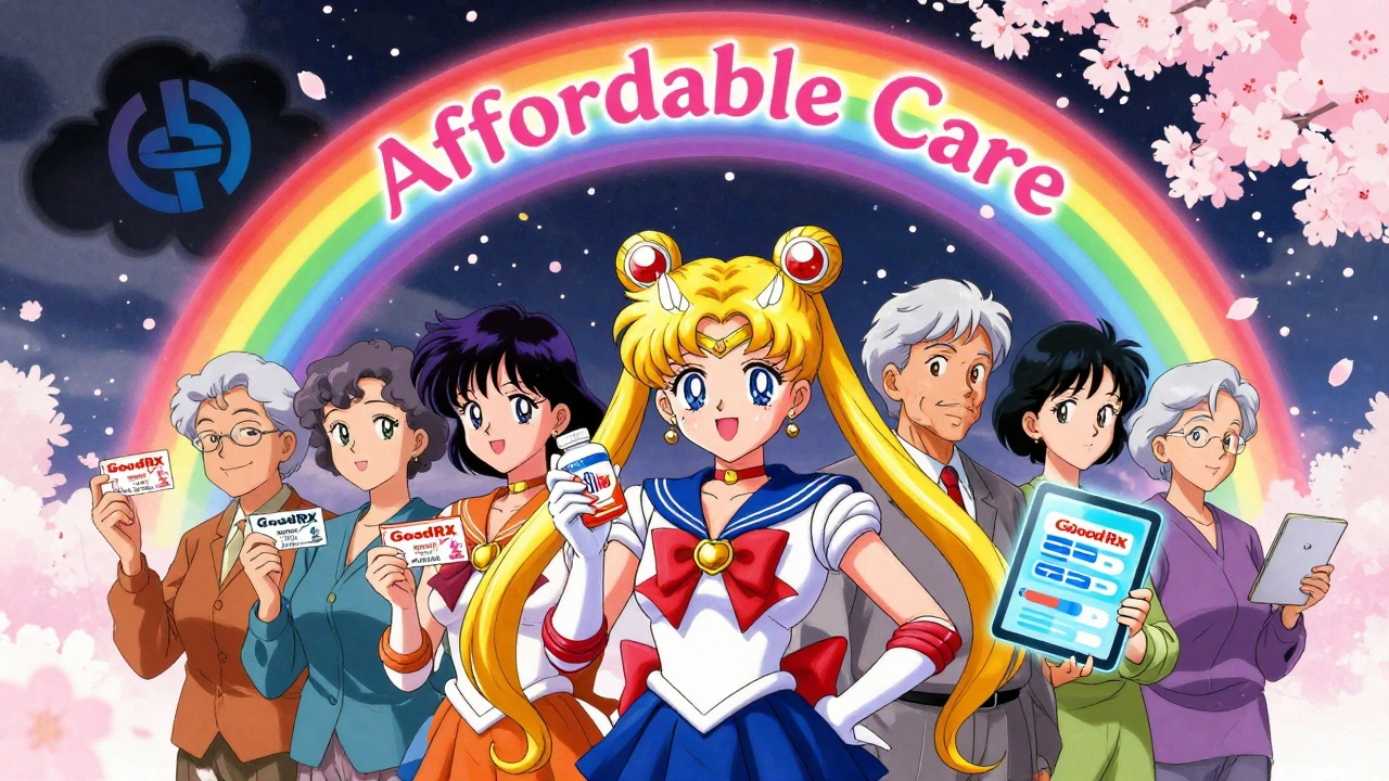 Seniors hold GoodRx coupons as magical talismans, standing under a rainbow arch as a corporate cloud dissolves into confetti.