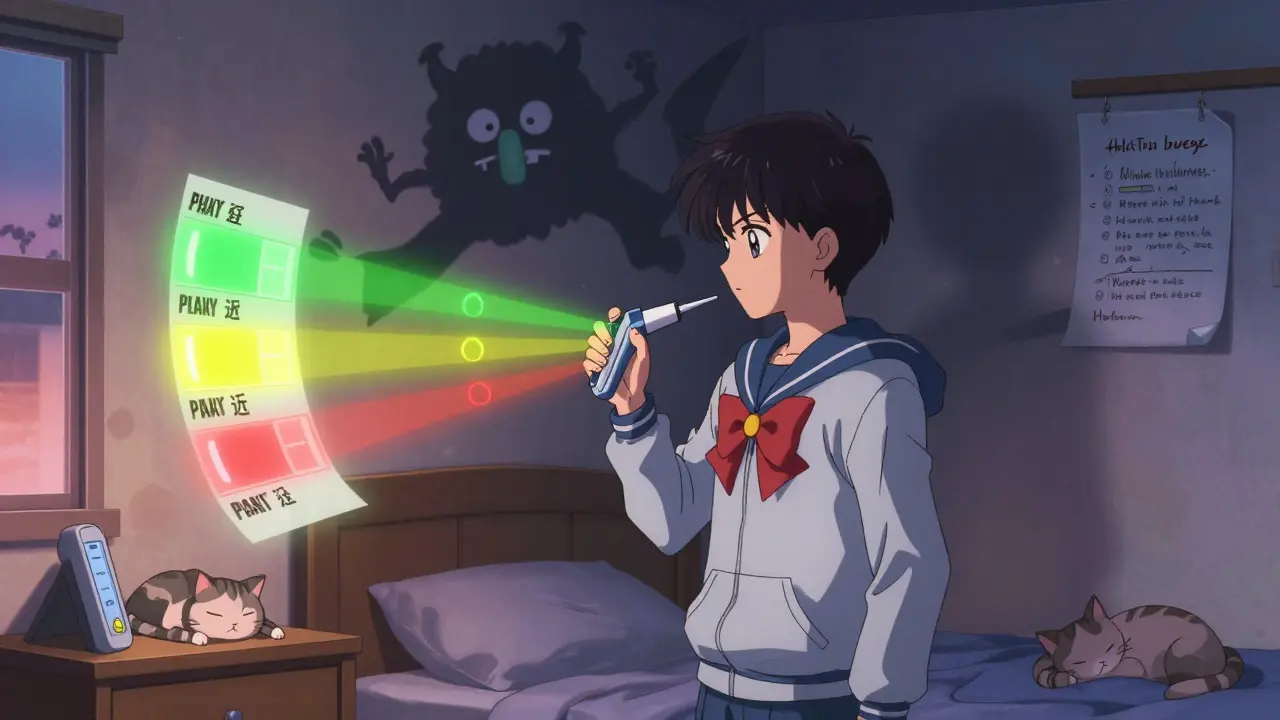 Teen with peak flow readings in green, yellow, and red zones, shadow shaped like asthma monster.