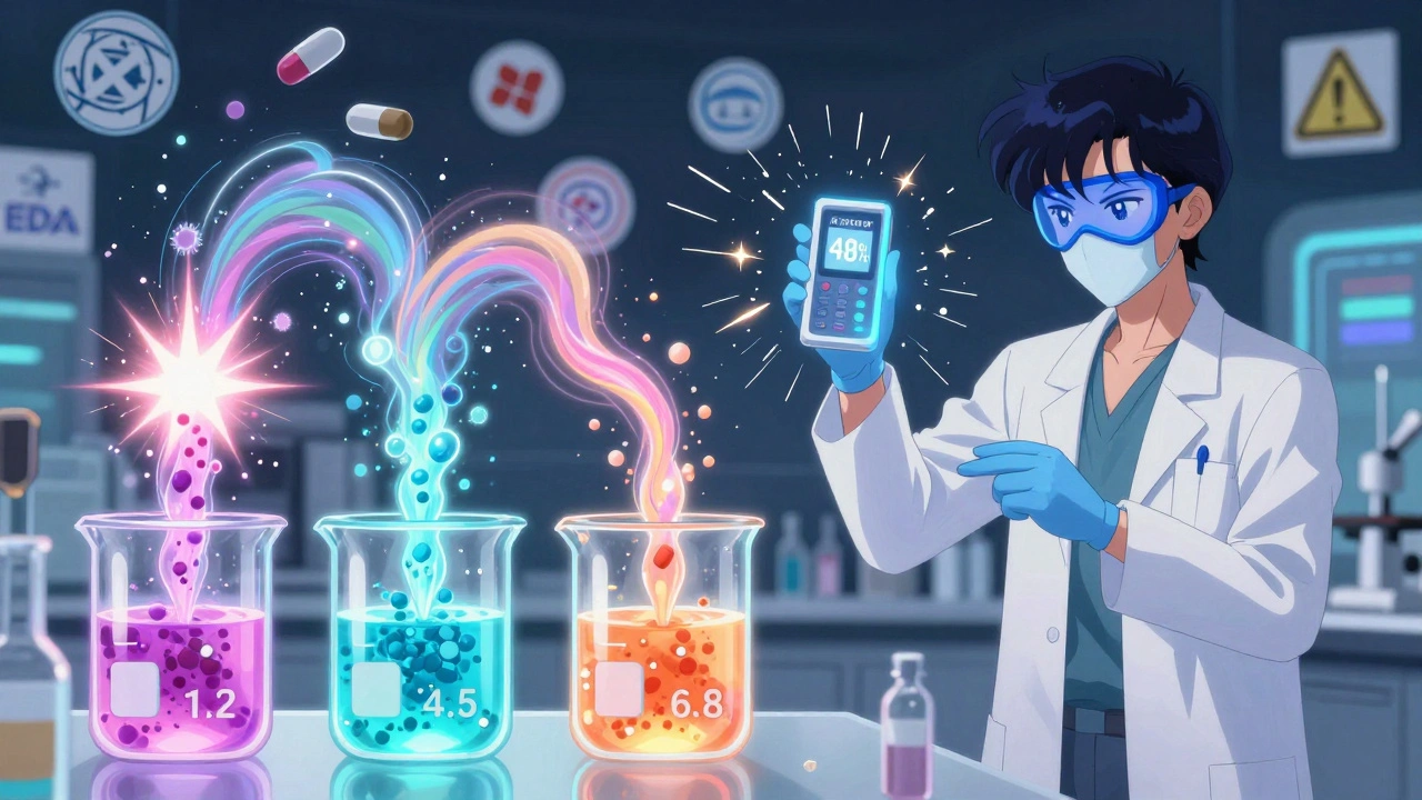 Three glowing beakers showing different drug release patterns at varying pH levels, with a failing f2 meter sparking in a lab.