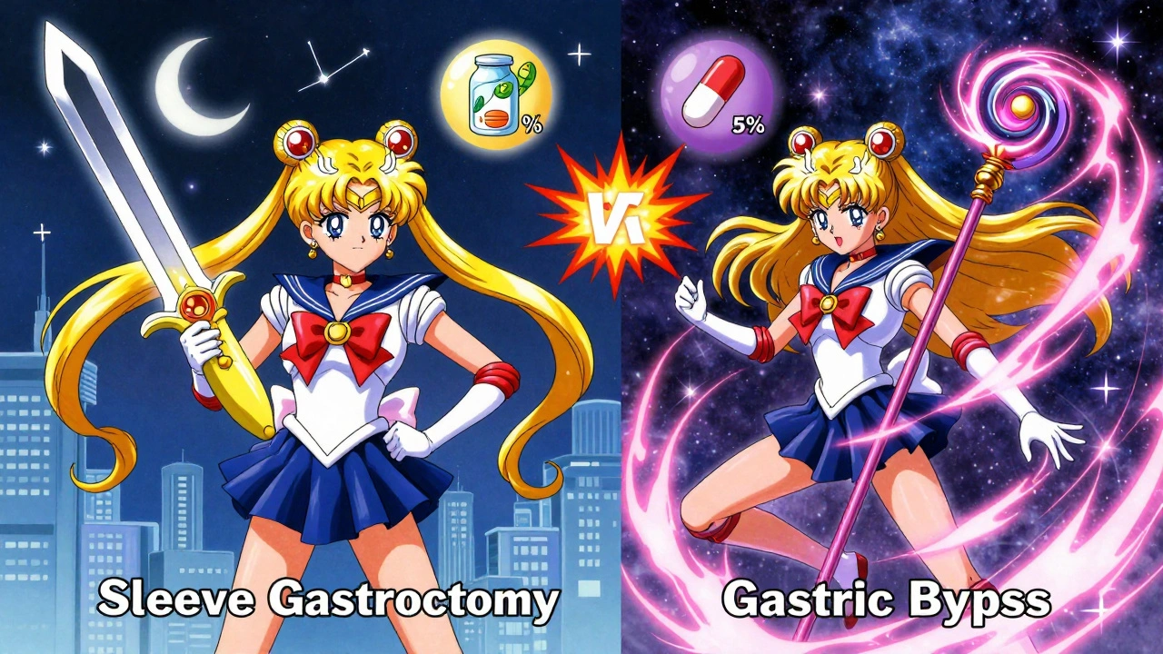 Two mystical warriors representing sleeve gastrectomy and gastric bypass in a cosmic battle of weight loss.