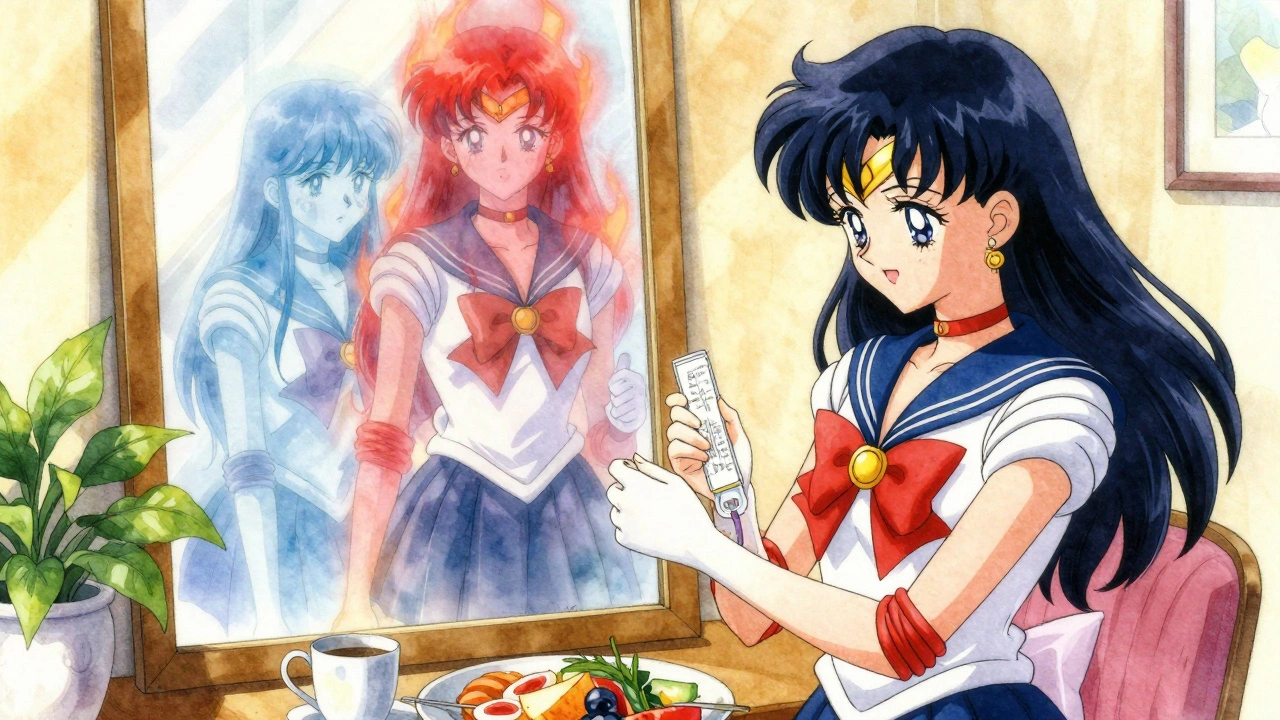 Woman checking CGM and thyroid test, with spectral representations of thyroid imbalances fading away.