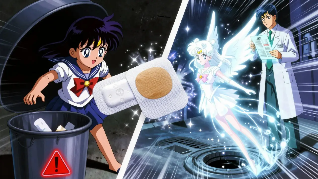 A child reaching for a dangerous patch vs. the same patch safely flushed as a protective spirit.