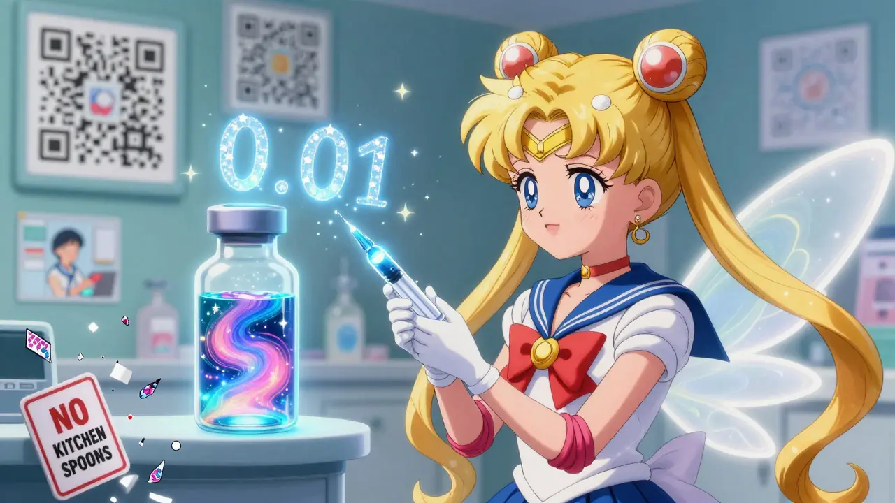 A child receives a precision 0.01 mL syringe from a glowing fairy, with liquid medicine swirling like a nebula and floating digital instructions.