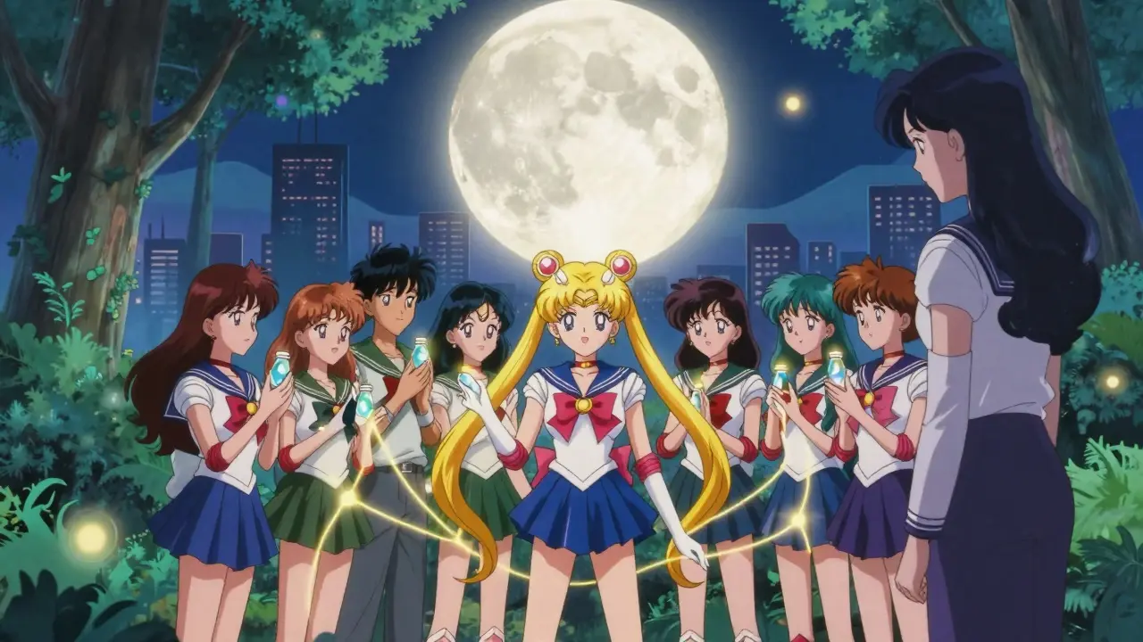 A circle of diverse people linked by golden light, holding transformed pill bottles as crystals under a glowing moon.