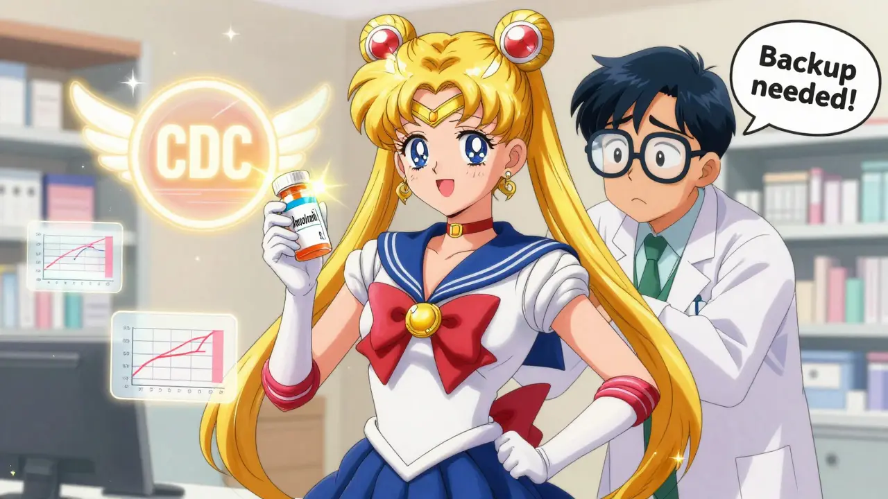 A confident woman in a sailor uniform holds an amoxicillin prescription as golden light shines from her birth control pack, while a confused pharmacist is gently pushed aside.